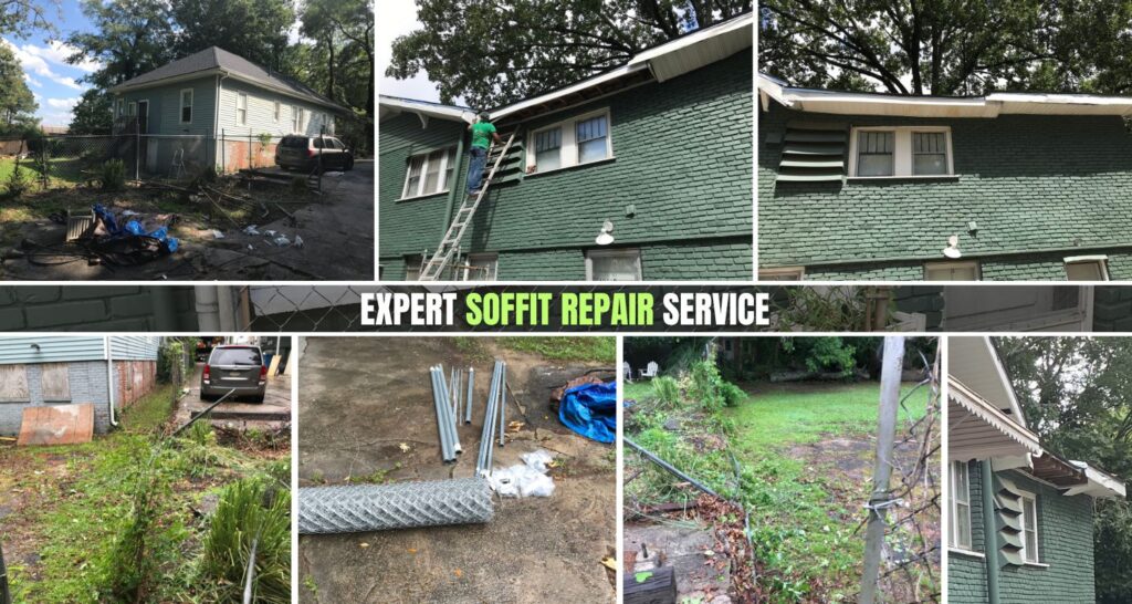 Image showing a skilled technician repairing a damaged soffit, enhancing the home's exterior and ensuring its structural integrity.