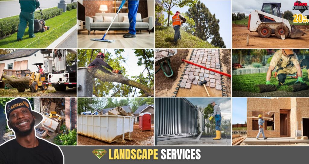 Black Friday offer banner featuring tree removal, yard cleanup, home construction, and swimming pool installation services with up to 20% off from December 1-7 by Mr. Can’t Stop & The Tree Spot.